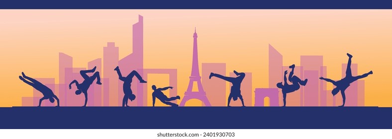 Gran archivo vectorial editable de silueta de breakdancer en frente del horizonte de París con estilo elegante y único mejor para tu diseño digital y maqueta de impresión