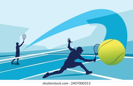 Gran archivo vectorial editable de ilustración plana del jugador de tenis con fuerte aplastamiento bueno para diseño digital y maquillaje de impresión