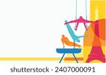 Great editable vector file of gymnastic ring and pommel horse players silhouette in the front of paris skyline with classy and unique style best for your digital design and print mockup