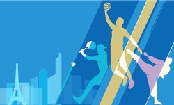 Great Editable Vector File Of International Multisport Festival Player Silhouette In The Front Of Paris Skyline With Classy And Unique Style Best For Your Digital Design And Print Mockup