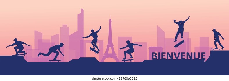 Großartige, bearbeitbare Vektordatei des internationalen Multisportfestivals mit Skater-Silhouetten vorne in der Pariser Skyline mit einem schicken und einzigartigen Stil, der für Ihr digitales Design und Druckmock-Up am besten geeignet ist