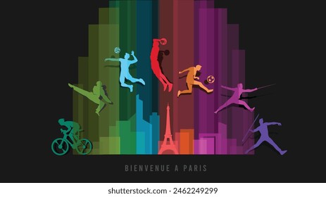 Great editable vector file of international multisport festival with players silhouette in the front of paris skyline with classy and unique style best for your digital design and print mockup