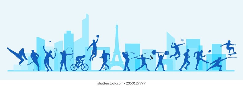 Great editable vector file of multisport players silhouette in the front of Paris city skyline with best  style for your digital design and print mockup