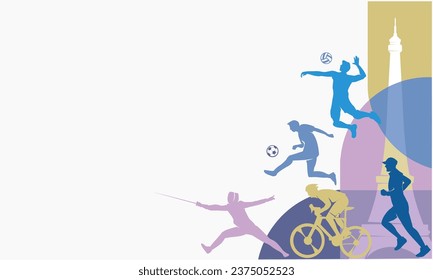 Great editable vector file of multisport world festival with players silhouette in the front of paris skyline with classy and unique style best for your digital design and print mockup