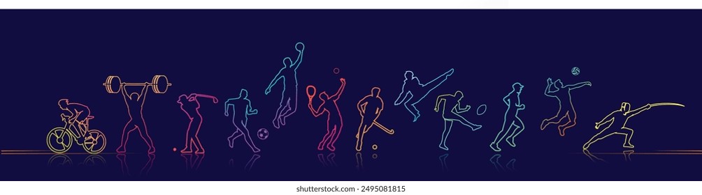 Great editable vector file of multisport players silhouette in dark and neon line style best for your digital design and print mockup