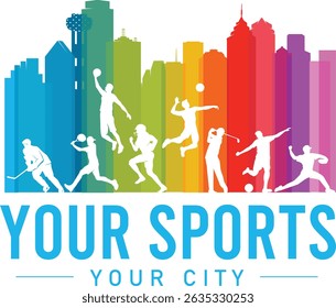 Great editable vector file of multisport players silhouette with city lbuilding andmark in modern and unique logo style best for your digital design and print mockup