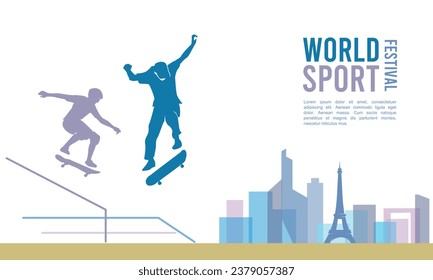 Great editable vector file of new sport category in world sport festival with players silhouette in the front of paris skyline with classy and unique style best for your digital design