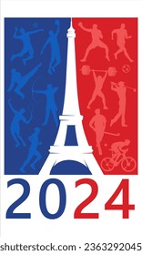 Gran archivo vectorial editable de la silueta de competición multideportiva internacional alrededor del símbolo de torre eiffel paris con estilo elegante y único mejor para su diseño digital y su simulación de impresión