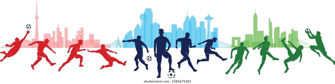 Great editable vector file of world soccer or football championship players silhouette in the front of certain buildings and colors as country symbol with modern style best for your design and print