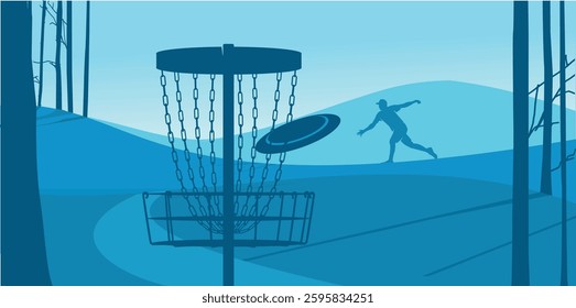 Great editable vector flat of discgolf throwing illustration with beautiful scene best for any digital graphic and printing purpose