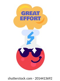 Great effort laboratory tool reward sticker vector. Cute smiling lab flask with sunglasses gesturing cool homework or correct solution of problem. Award for success education flat cartoon illustration