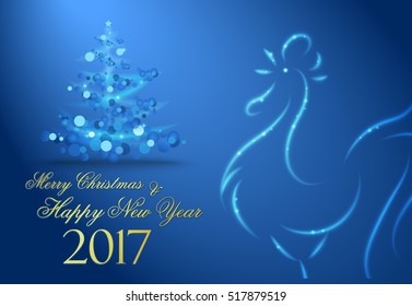 Great elegant Merry Christmas and Happy New Year 2017 greeting card. Year of the rooster. Rooster silhouette and Christmas tree on shiny dark blue background. Vector illustration.