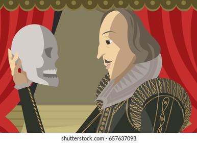 great english paywright writer holding an skull on theater stage