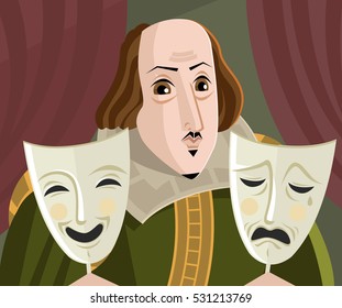 great english playwright with sad and happy theater masks