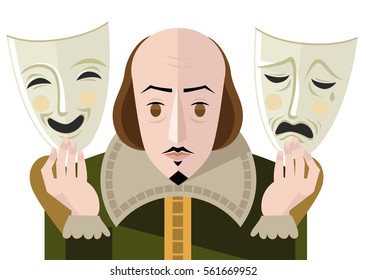 great english playwright with theater sad and happy masks