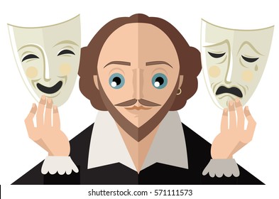 great english theater drama tragedy poet and playwright holding sad and happy masks