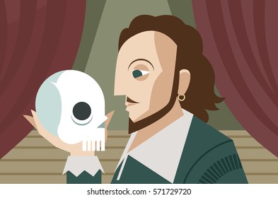 great english theater drama tragedy poet and playwright holding a skull on theater stage