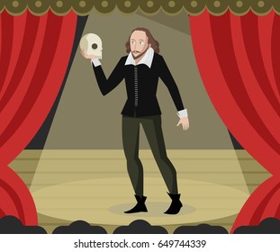 great english writer playwright holding an skull on theater stage