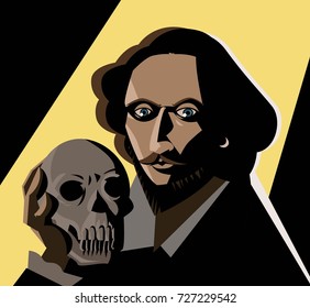 great english writer with skull in the spotlight shadow