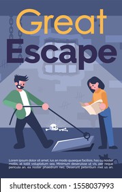 Great Escape Brochure Template. Couple In Quest Room. Flyer, Booklet, Leaflet Concept With Flat Illustration. Vector Page Cartoon Layout For Magazine, Advertising Invitation With Text Space