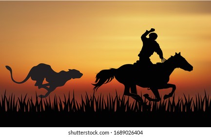 The great escape. Editable vector silhouettes of horse rider escape  away from an big tiger. 