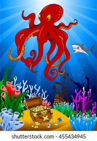 great evil octopus pirate guarding a treasure, vector