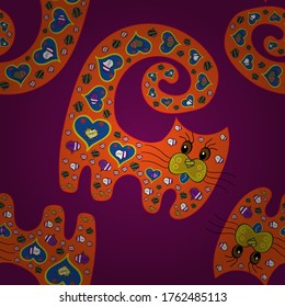 Great for fabric, textile vector. Creative childish texture. Seamless with nice Kittens in diferent style. Draught at purple, orange and blue colours.