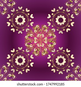 Ideal für Gewebe und Textilien, Tapeten, Verpackungen oder jede erwünschte Idee. Braunes und violettes Ziermuster, nahtloses Blumenmuster. Jahrgang. Vektorgrafik. Traditionelle, ethnische, türkische, indische Motive.