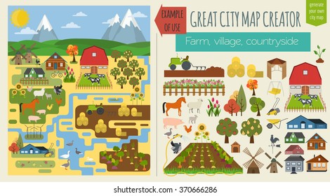 Great Farm Map Element Creator. Village, Countryside, Garden, Home, Animals Isolated Icon Set. Make Your Perfect City. Vector Illustration