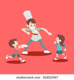 Great father spend time with children playing as chef. vector illustration design