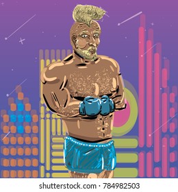 a great fighter on the backdrop of neon town in the gloves illustration