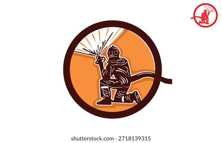 Gran bombero en el logotipo del círculo, silueta de la mejor Imagen para las Ilustraciones vectoriales del rescate del fuego