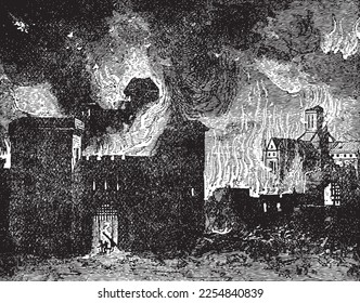 Great Fire London History of England circa 1883 - antique vintage woodcut artwork illustration engraving