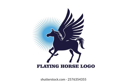 great flying horse and sun logo, silhouette of strong winged mare vector illustrations