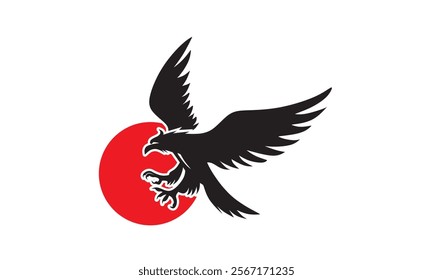 great flying phoenix and red circle logo, silhouette of brave black bird vector illustrations