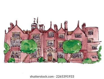 Gran Foster Tudor palace acuarela ilustración de sketch. Edificio histórico chimeneas de ladrillo rojo. Vector aislado.