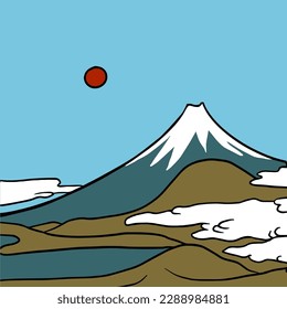 Great Fuji Mountin with clouds. Vector color graphic illustration. Hand drawing doodle sketch for touristique poster, illustrations, japanese restaurante interior designs, tea package design.