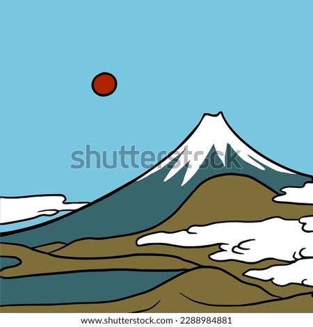 Great Fuji Mountin with clouds. Vector color graphic illustration. Hand drawing doodle sketch for touristique poster, illustrations, japanese restaurante interior designs, tea package design.