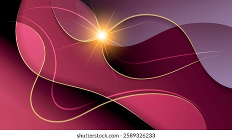 Great futuristic wallpaper in coral tones. A flash of energy, intertwining wavy lines against the background of overlapping abstract shapes and mixing colors. Vector.