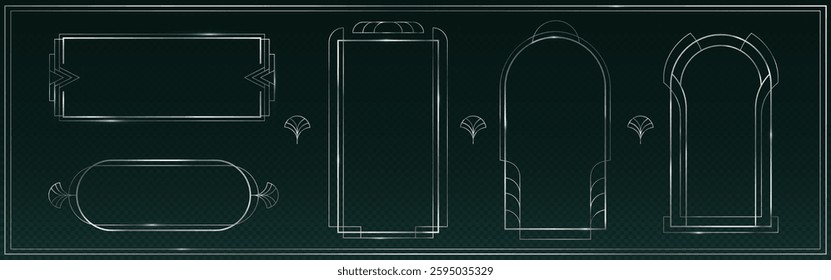Great Gatsby art deco style frame set with silver outlines. Elegant geometric borders of different ornamental shapes. Luxury vintage metallic elements for wedding invitations or premium packaging.