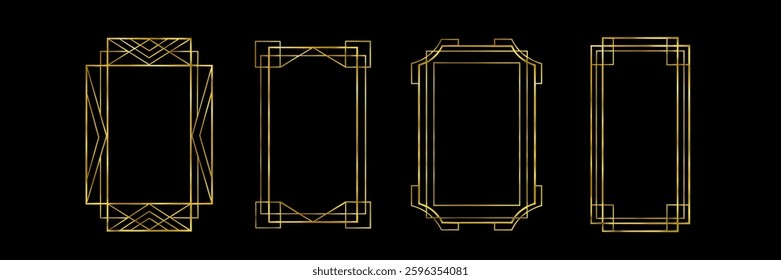 Great Gatsby deco frame collection with gold geometric borders on black background. Minimalist art nouveau style metallic outlines for luxury invitations, certificates or vintage design elements.