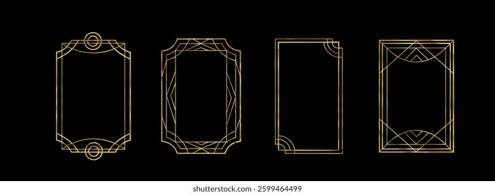 Great Gatsby deco frame collection with gold geometric borders on black background. Minimalist art nouveau style metallic outlines for luxury invitations, certificates or vintage design elements.