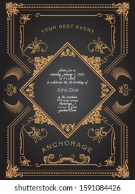 The Great Gatsby Deco Style vector, Golden flowers, Art Deco Vintage Frame Design, birthday Invitation, invite card design, Abstract geometric patterned background. Eps 10