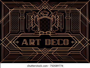 The Great Gatsby Deco Style vector, Golden Eagle with wings spread, Invitation card design, Abstract geometric patterned background