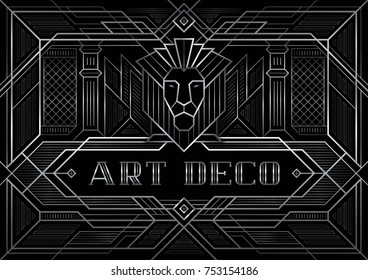 The Great Gatsby Deco Style vector, Silver Lion head, Abstract geometric patterned background