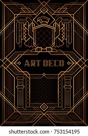 The Great Gatsby Deco Style vector, Golden Eagle with wings spread, Invitation card design, Abstract geometric patterned background
