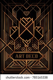 The Great Gatsby Deco Style vector, Golden Roses and Heart, Art Deco Vintage Frame Design, Wedding Invitation, invite card design, Abstract geometric patterned background.