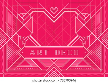 The Great Gatsby Deco Style vector, Pink Roses and Heart, Art Deco Vintage Frame Design, Abstract geometric patterned background.

