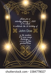 Great Gatsby Style Art Deco Birthday Invitation, Roaring Twenties, 1920's, 20's Style, Colorful and Gold. Premium Vintage Style Frame Vector EPS 10 design. 