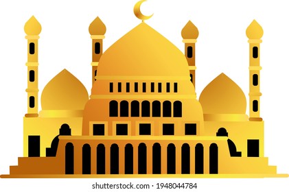 Great golden mosque with four tower cartoon vector illustration. Flat design.